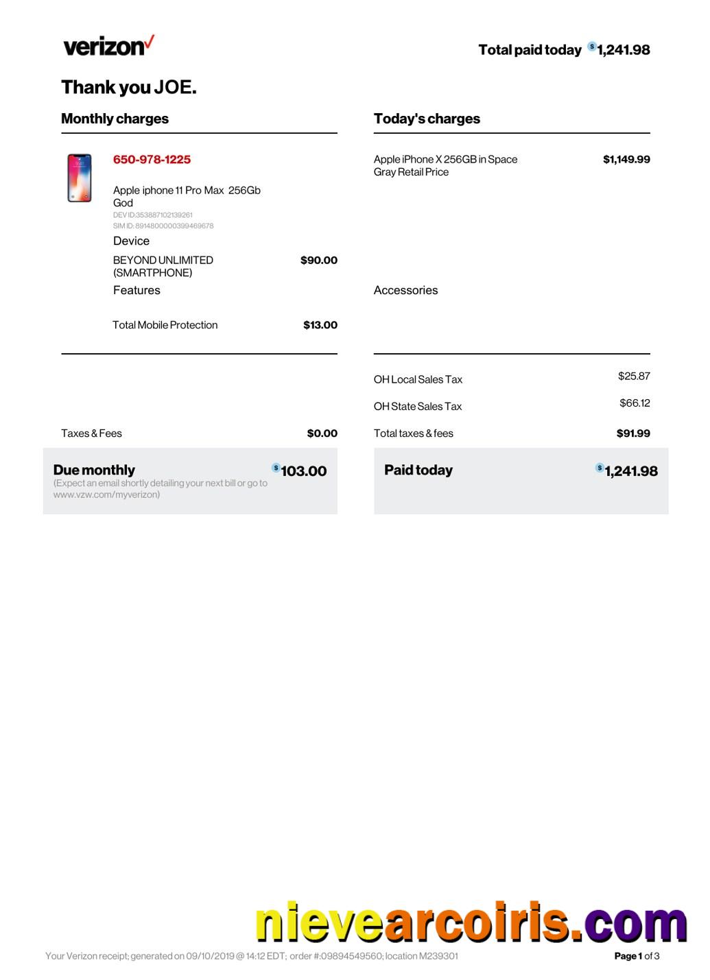 Verizon company payment receipt